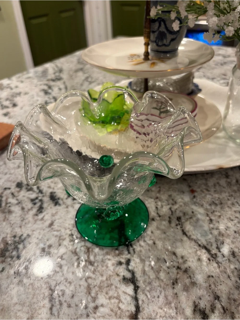 Green and Clear Glass Decorative Compote - Home Accents